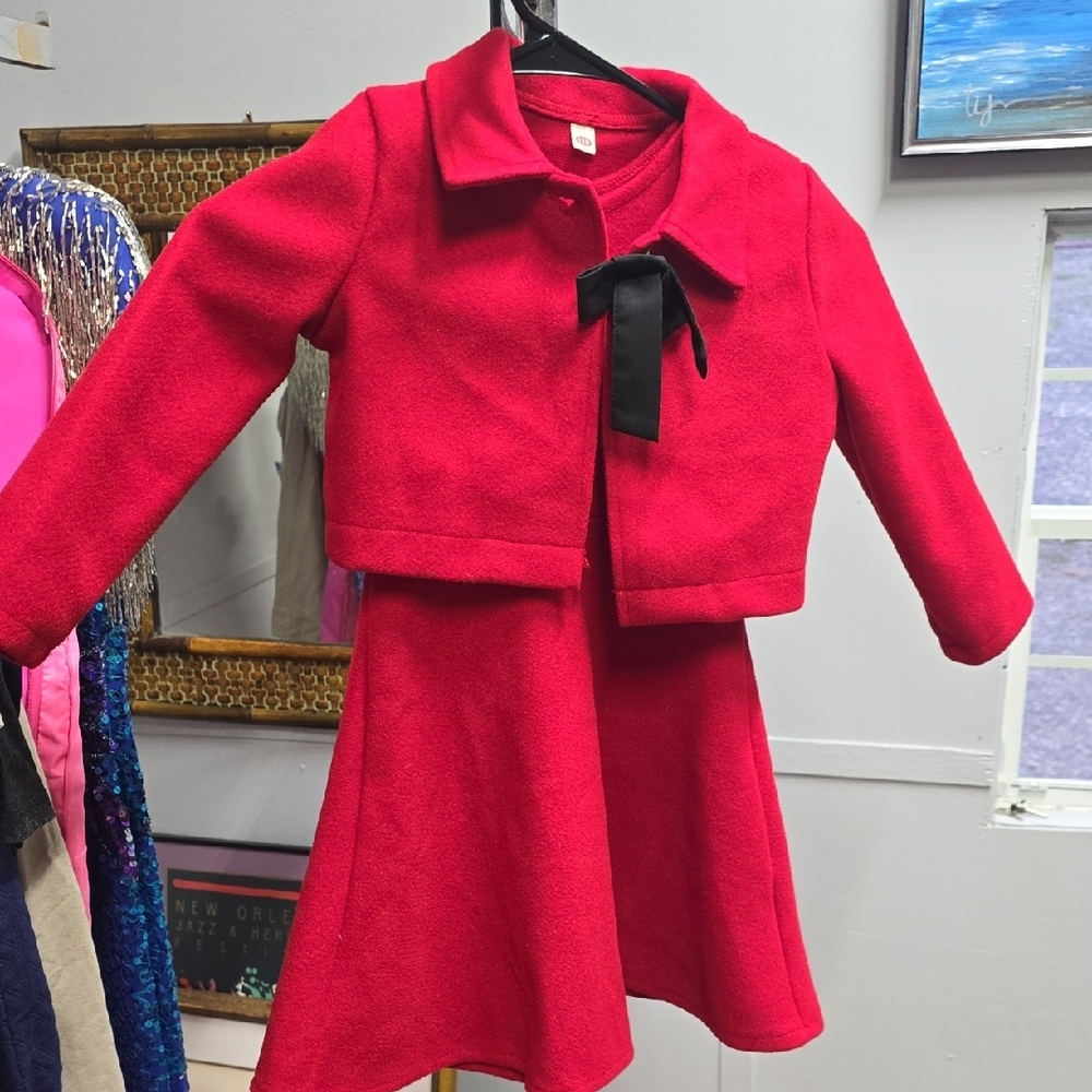 Chic Red Dress with Jacket and Black Bow